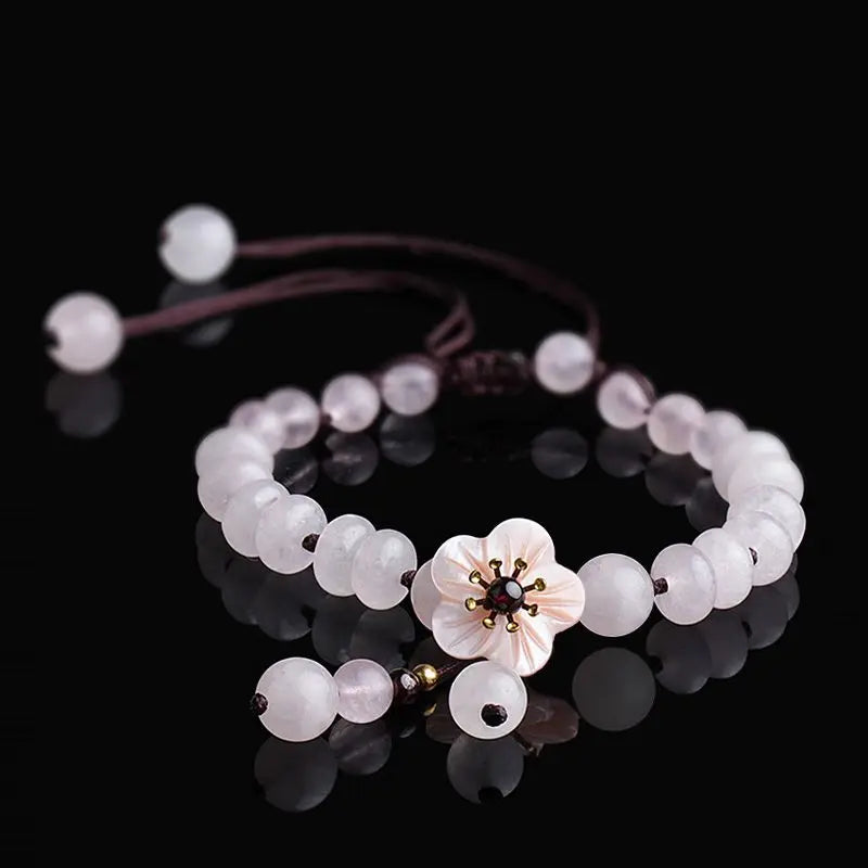 Chinese Style Pink Cute Flower Sweet Pink Crystal Bracelet INS Love Beads Girlfriend Hand Rope Hand Jewelry for Women HandString