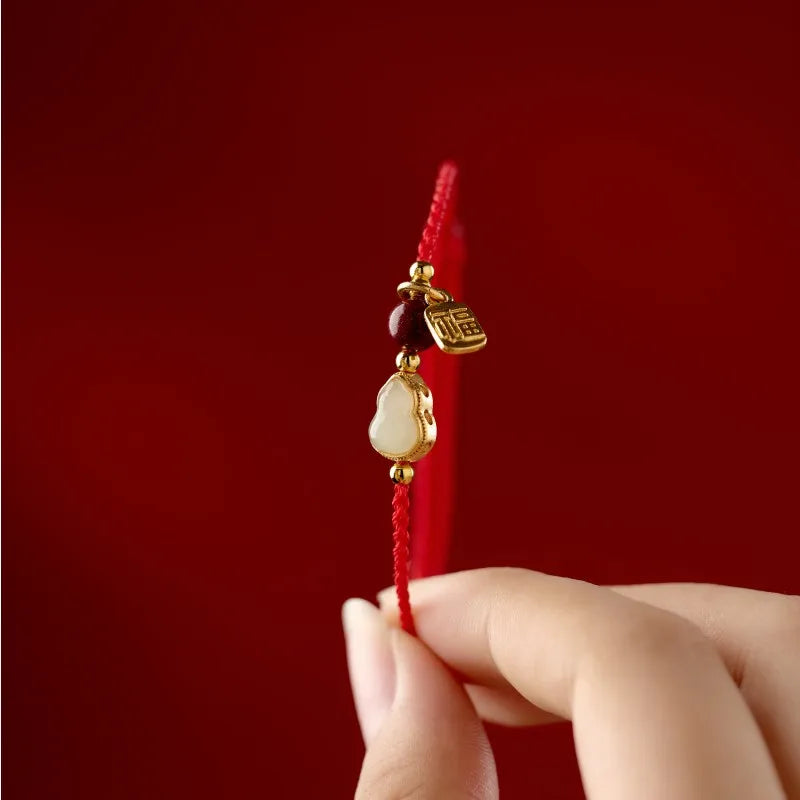 2026 Hetian Jade Fortune Lucky Red String Bracelet Gold Plated Blessing Brand Pendant Peace Jewelry