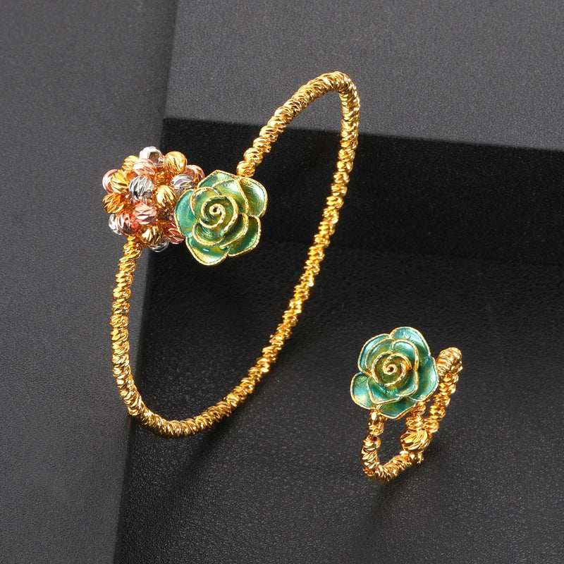 Janekelly Luxury Unique African Bangle Bracelet Ring Set For Women Wedding Cubic Zircon Crystal CZ Dubai Bridal Jewelry Set