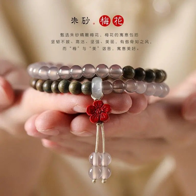 Natural Green Sandalwood Grey Agate Round Bead Bracelet Double Circle Cinnabar Plum Blossom Spike Disciple Beads Ins Hand String