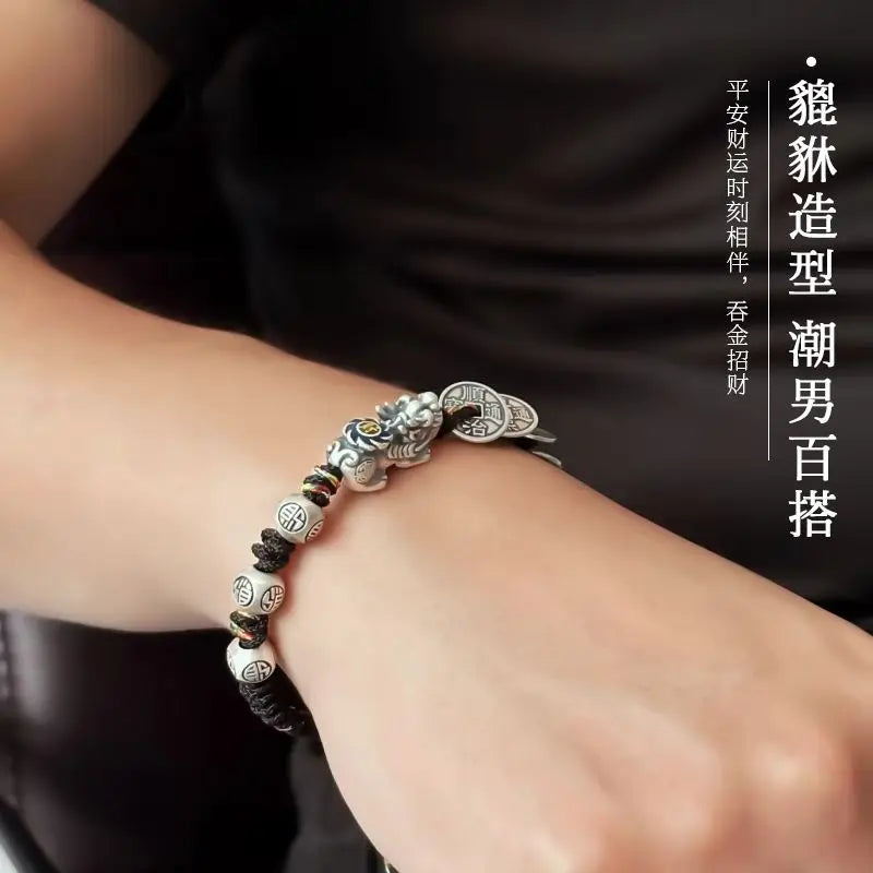 Sterling Silver Pi Xiu Five Emperors Coin Braided Red String Bracelet Unisex Couple Jewelry Wealth Luck Charm Chinese Feng Shui