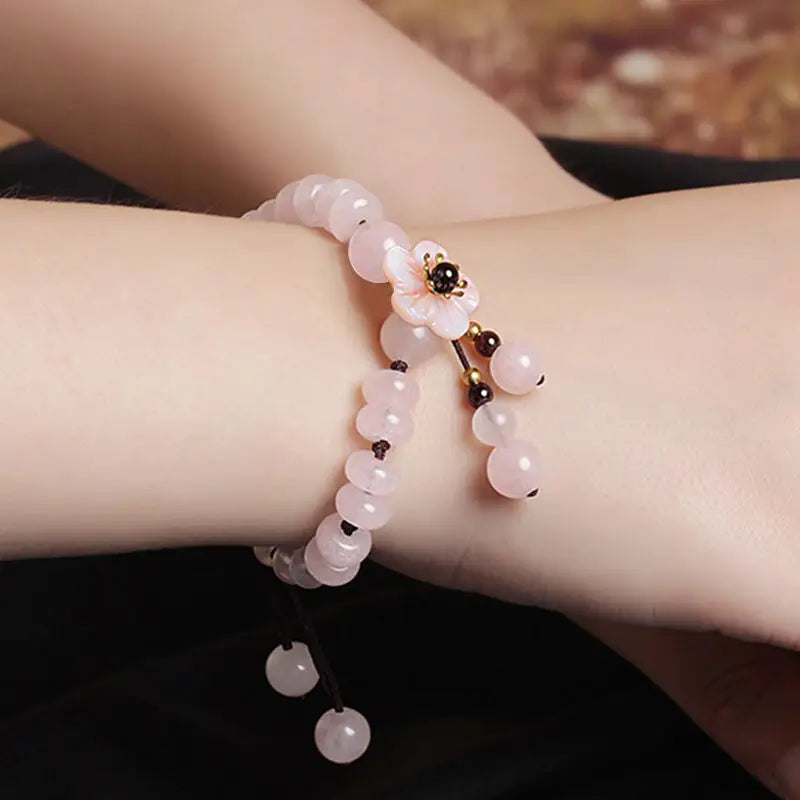 Chinese Style Pink Cute Flower Sweet Pink Crystal Bracelet INS Love Beads Girlfriend Hand Rope Hand Jewelry for Women HandString